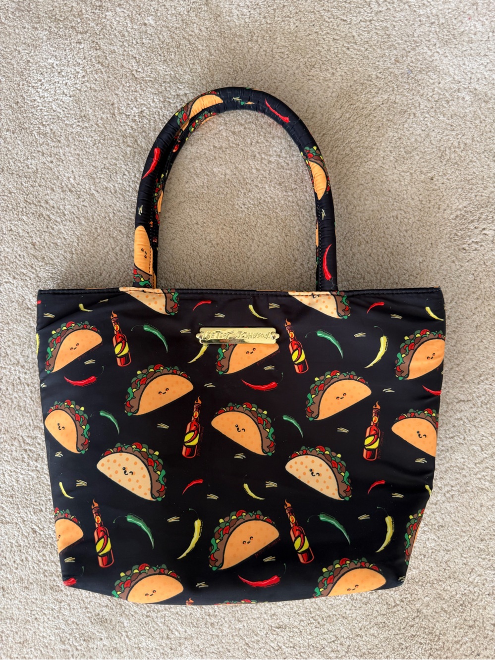 Betsy Johnson Black Taco Print Tote Bag